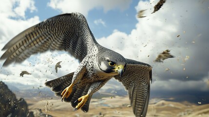 The falcon soars in the sky