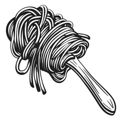 Spaghetti Twirled on a Fork Detailed Monochrome Illustration
