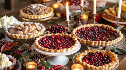 A festive table displays an assortment of pies, cookies, and candles, creating a warm holiday atmosphere