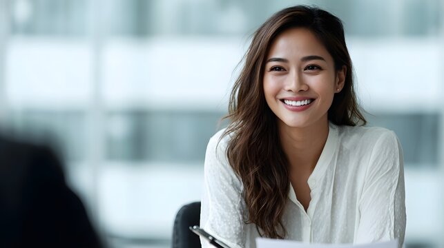 A smiling Asian woman in a professional office setting engaged in a business meeting or job interview conveying positivity and attentiveness - Powered by Adobe