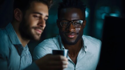 Colleagues share a moment of collabo n and camaraderie by the screen s glow in a late night office