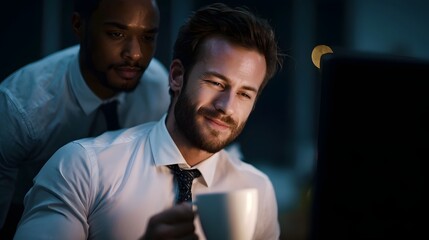 Colleagues working late one offers coffee for support during night office hours