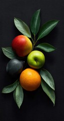 Vibrant Fruit Arrangement with Green Leaves on Dark Background.