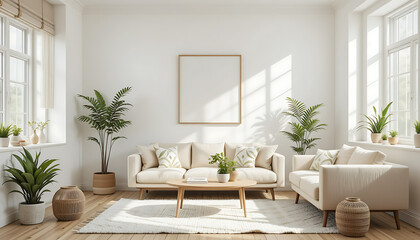 Fototapeta premium Elegant Interior with Grey Sectional Sofa and Wooden Table