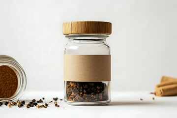 Transparent spice jar carrying a simple label sits on wooden rack.