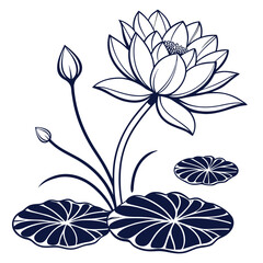 Elegant dark blue line art illustration of a blooming lotus flower with buds and lily pads on a white background