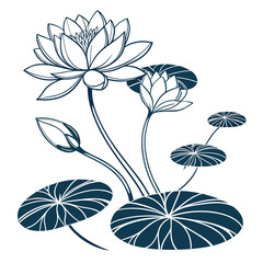 Elegant dark blue line art illustration of blooming water lilies and lily pads on a white background