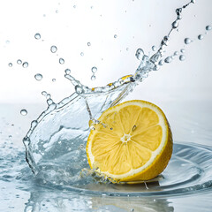fresh lemon slice splashing in clear water