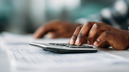 Close up of hands operating a calculator over financial papers symbolizing business and accounting