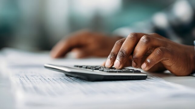 Close up of hands operating a calculator over financial papers symbolizing business and accounting