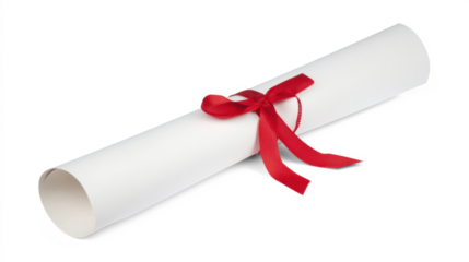 A rolled diploma tied with a red ribbon symbolizes academic success and educational accomplishment during graduation celebrations