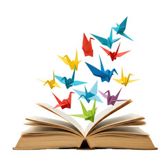 Colorful Origami Birds Taking Flight from Open Book: Education, Creativity, and Imagination