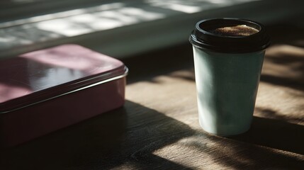 A coffee cup and tin box rest on a wooden desk illuminated by soft sunlight