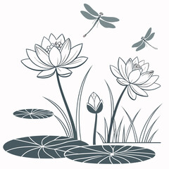 Serene water lily pond scene with delicate dragonflies and lush greenery in stylized illustration