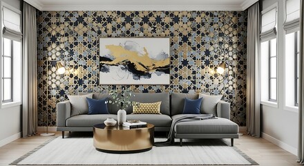 Modern Living Room with Geometric Patterned Wallpaper and Gold Accents