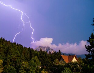 Dramatic lightning strike over mountain landscape