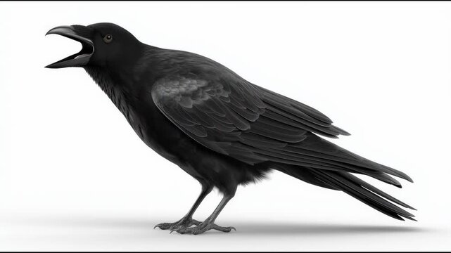 3D raven bird sitting, smooth minimal design, clipart on white background