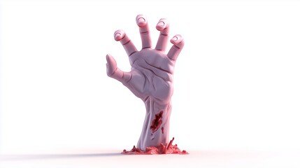 Pink 3D zombie hand emerging from the ground. Simple cartoon style. Clip art on white background.