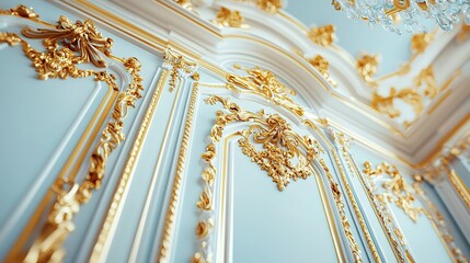 An ornate ceiling featuring intricate gold detailing against a soft blue backdrop, showcasing elegance and craftsmanship in interior design.