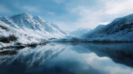 Majestic snow covered mountains mirrored perfectly in a tranquil glassy lake under a bright clear blue sky