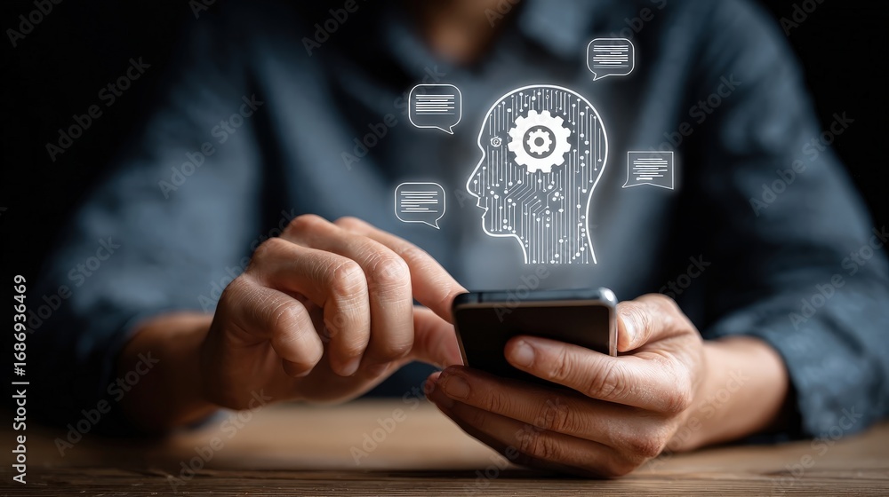 Poster a person interacts with a smartphone, while a digital representation of a head with gears symbolizes