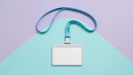 A blank white identification badge with a blue lanyard lies on a pastel purple and turquoise background, ready for personalization or event access