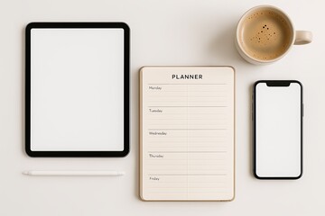 Flat lay of a minimalist workspace with a blank tablet, smartphone, planner, stylus, and coffee cup on a white background, perfect for daily planning and digital tasks.