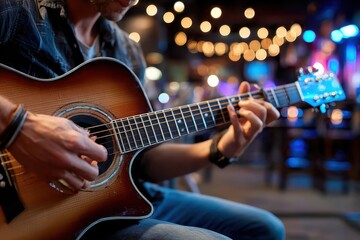 Obraz premium Musician plays acoustic guitar in a lively venue filled with warm lighting