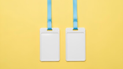 Two blank white id badges with blue lanyards hanging against a plain yellow background, symbolizing access and identification for events or workplaces