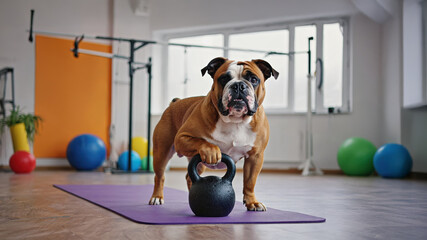 Funny bulldog standing on yoga mat with kettlebell in gym, humorous fitness training concept with dog workout scene