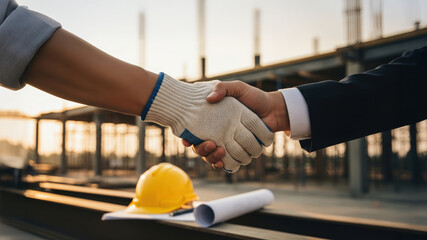 Business handshake between engineer in protective gloves and businessman in suit at construction site, symbol of partnership, teamwork and successful cooperation in building industry.