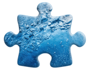 Puzzle piece with ice texture frozen element blue color water droplets cold isolated realistic winter chill unique shape creative design