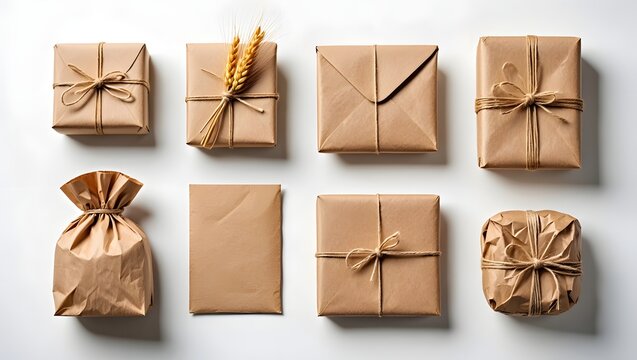 Brown paper packages tied up with string on a white surface, minimal aesthetic