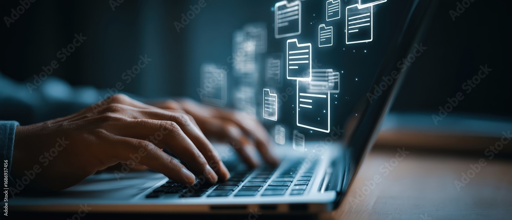 Poster a close-up of hands typing on a laptop, with digital documents appearing above the keyboard, illustr