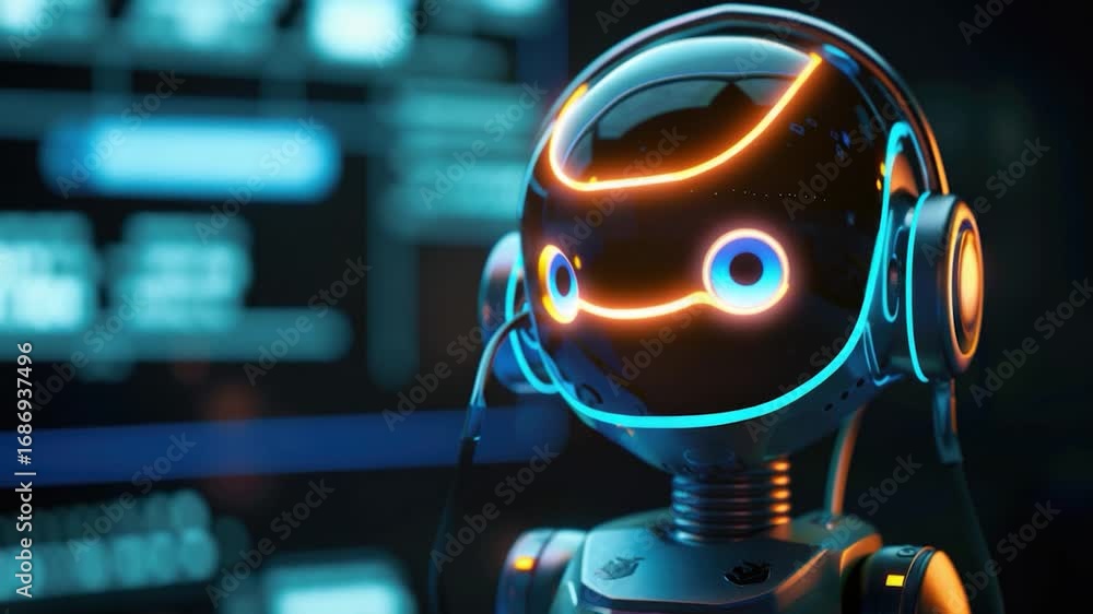 Poster a close-up view of a robot wearing headphones, perfect for use in sci-fi or technology-related proje