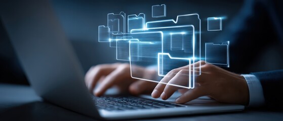 A person typing on a laptop with digital folders floating above, symbolizing data management and digital organization.