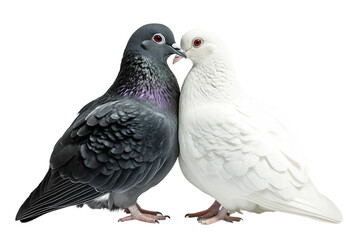 Fototapeta premium Contrasting black and white Jacobin pigeons together isolated on transparent background
