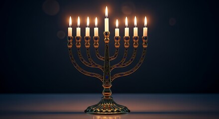Ornate Gold Menorah with Burning Candles on Dark Background