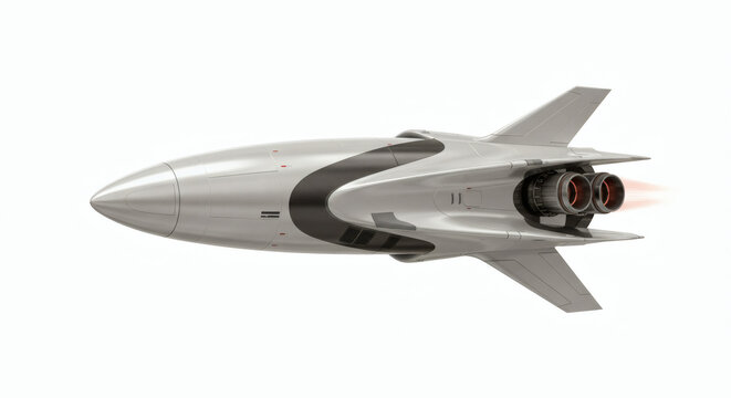 Futuristic and aerodynamic silver spacecraft concept with powerful rocket engines, symbolizing advanced space exploration and high-speed intergalactic travel technology
