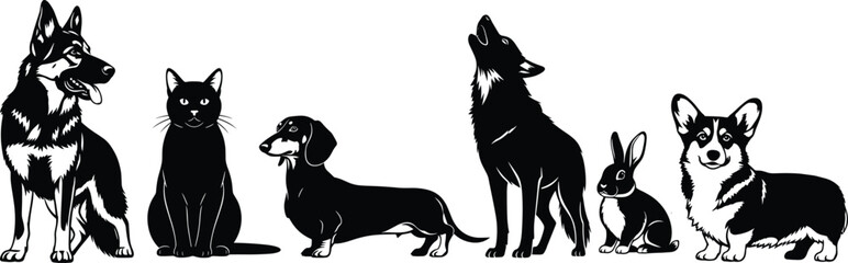 Black and white vector illustration of various animals including dogs, cats, rabbits, and wolf, showcasing pet diversity and wildlife design elements
