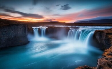 Spectacular Waterfall at Sunset with Vibrant Sky and Flowing Waters