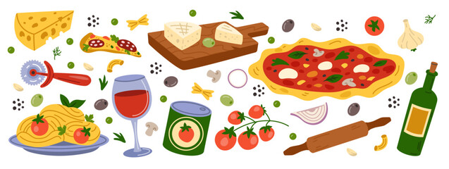 Italian food. Pasta and pizza icon. Traditional cuisine. Cartoon spaghetti with tomato sauce. Olive branch, cheese and wine, meal products. Classic restaurant Italy. Vector meal tidy illustration