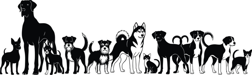 Black and white vector illustration of various dog breeds and cats in lineup, showcasing pet diversity, size comparison, and breed characteristics
