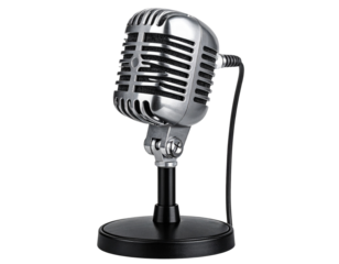 vintage-style microphone on a black stand. designed for capturing audio. particularly  