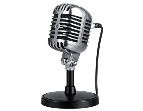 vintage-style microphone on a black stand. designed for capturing audio. particularly  