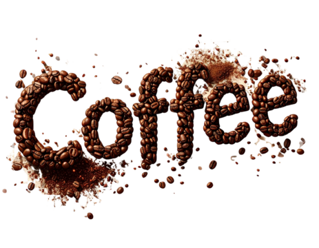 Coffee word written with coffee beans on transparent