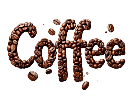 Coffee word written with coffee beans on transparent 