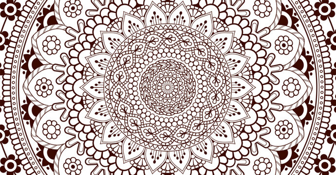Mandala coloring page. Outline symmetric ornament. Henna doodle elements. Abstract background. Detailed Asian art. Lace mendy filigree swirls. Decoration design for relaxation. Vector mehendi pattern