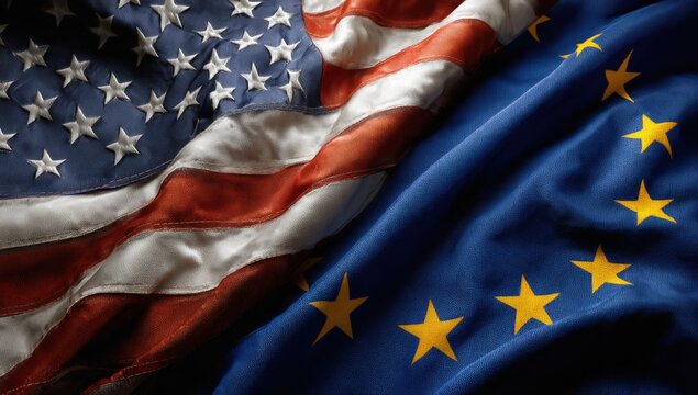 The flags of the United States and the European Union are displayed together, symbolizing strong diplomatic ties and global collaboration between the two regions
