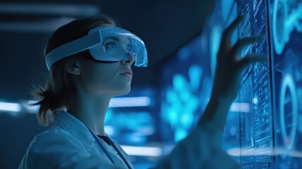 A scientist in a lab uses augmented reality glasses to interact with digital data on a screen, showcasing advanced technology in research.